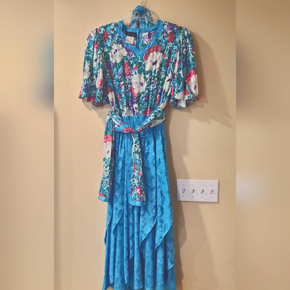 Vintage Diane Fres' Floral Georgette Gown Beaded Sequined Matching Scarf/Belt